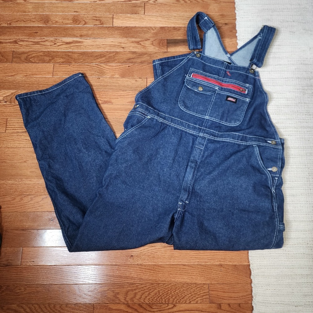 Dickies Mens Denim Overalls Bib Blue Dark Wash XL‎ Cotton Adjustable Work - Picture 1 of 8